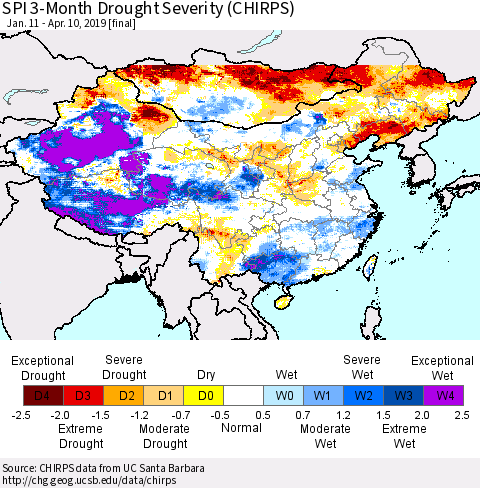 China and Taiwan SPI 3-Month Drought Severity (CHIRPS) Thematic Map For 1/11/2019 - 4/10/2019