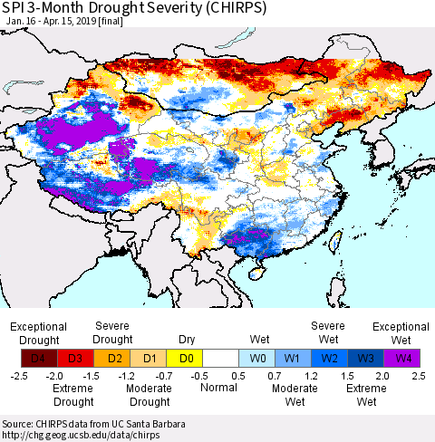 China and Taiwan SPI 3-Month Drought Severity (CHIRPS) Thematic Map For 1/16/2019 - 4/15/2019