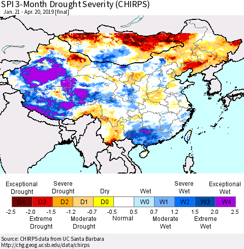China and Taiwan SPI 3-Month Drought Severity (CHIRPS) Thematic Map For 1/21/2019 - 4/20/2019