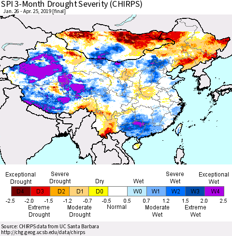 China and Taiwan SPI 3-Month Drought Severity (CHIRPS) Thematic Map For 1/26/2019 - 4/25/2019