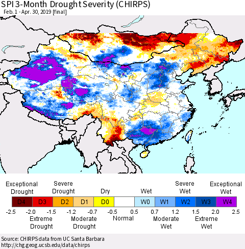 China and Taiwan SPI 3-Month Drought Severity (CHIRPS) Thematic Map For 2/1/2019 - 4/30/2019