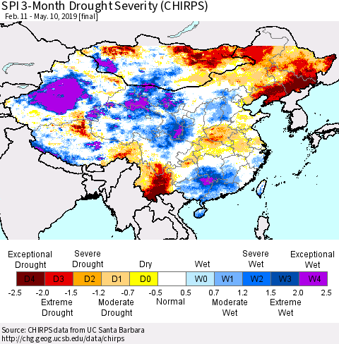 China and Taiwan SPI 3-Month Drought Severity (CHIRPS) Thematic Map For 2/11/2019 - 5/10/2019