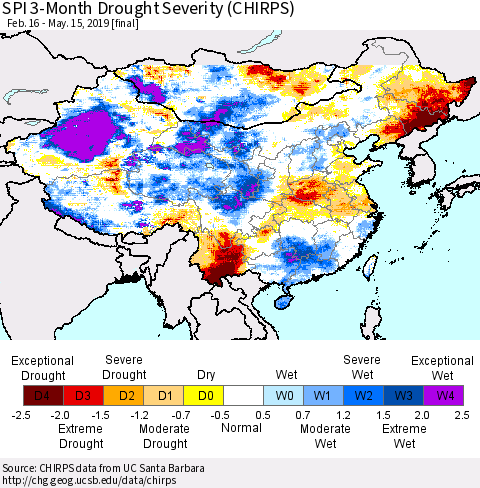 China and Taiwan SPI 3-Month Drought Severity (CHIRPS) Thematic Map For 2/16/2019 - 5/15/2019