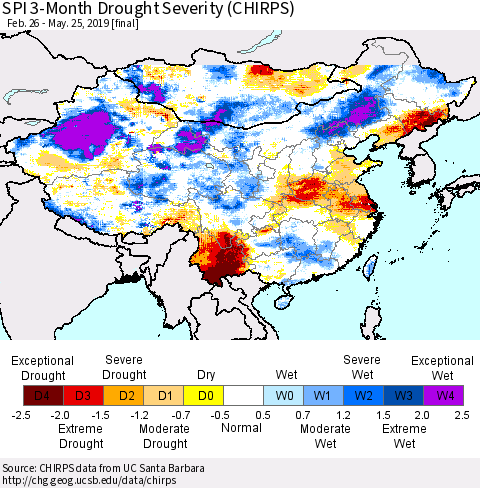 China and Taiwan SPI 3-Month Drought Severity (CHIRPS) Thematic Map For 2/26/2019 - 5/25/2019