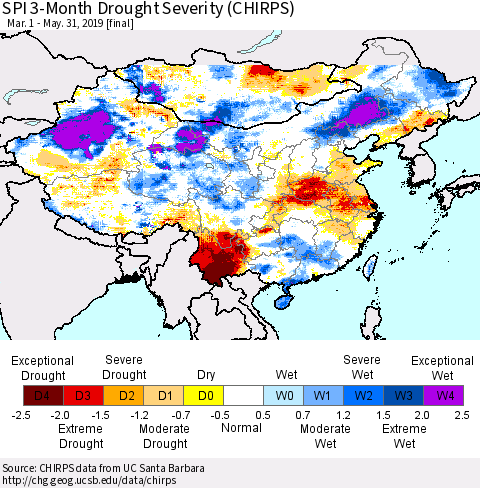 China and Taiwan SPI 3-Month Drought Severity (CHIRPS) Thematic Map For 3/1/2019 - 5/31/2019