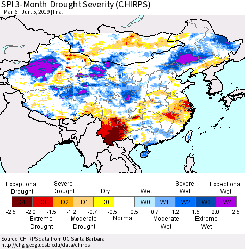 China and Taiwan SPI 3-Month Drought Severity (CHIRPS) Thematic Map For 3/6/2019 - 6/5/2019