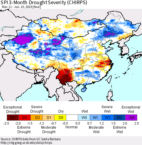 China, Mongolia and Taiwan SPI 3-Month Drought Severity (CHIRPS) Thematic Map For 3/11/2019 - 6/10/2019