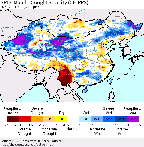 China and Taiwan SPI 3-Month Drought Severity (CHIRPS) Thematic Map For 3/21/2019 - 6/20/2019