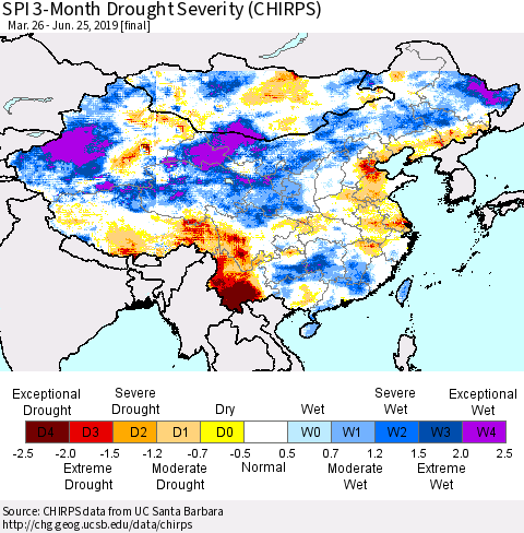 China and Taiwan SPI 3-Month Drought Severity (CHIRPS) Thematic Map For 3/26/2019 - 6/25/2019