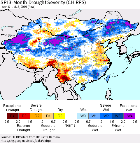 China and Taiwan SPI 3-Month Drought Severity (CHIRPS) Thematic Map For 4/6/2019 - 7/5/2019