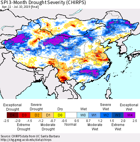 China, Mongolia and Taiwan SPI 3-Month Drought Severity (CHIRPS) Thematic Map For 4/11/2019 - 7/10/2019