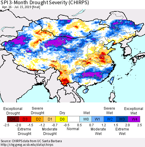 China and Taiwan SPI 3-Month Drought Severity (CHIRPS) Thematic Map For 4/16/2019 - 7/15/2019