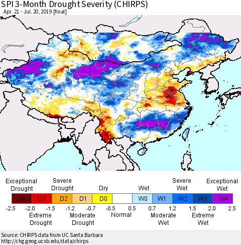 China and Taiwan SPI 3-Month Drought Severity (CHIRPS) Thematic Map For 4/21/2019 - 7/20/2019