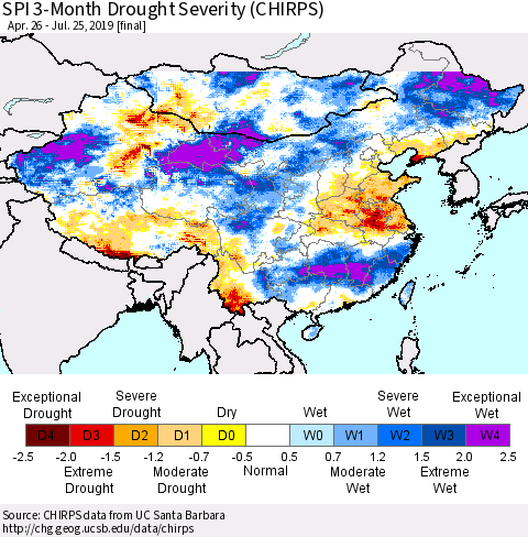 China, Mongolia and Taiwan SPI 3-Month Drought Severity (CHIRPS) Thematic Map For 4/26/2019 - 7/25/2019