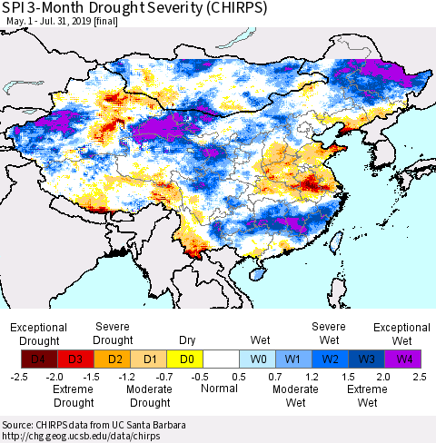China and Taiwan SPI 3-Month Drought Severity (CHIRPS) Thematic Map For 5/1/2019 - 7/31/2019