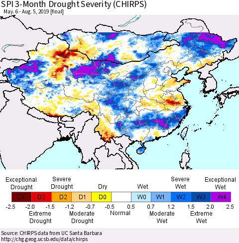 China and Taiwan SPI 3-Month Drought Severity (CHIRPS) Thematic Map For 5/6/2019 - 8/5/2019