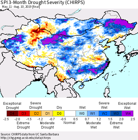 China, Mongolia and Taiwan SPI 3-Month Drought Severity (CHIRPS) Thematic Map For 5/11/2019 - 8/10/2019