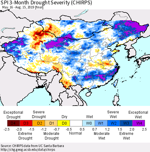 China, Mongolia and Taiwan SPI 3-Month Drought Severity (CHIRPS) Thematic Map For 5/16/2019 - 8/15/2019