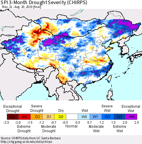 China, Mongolia and Taiwan SPI 3-Month Drought Severity (CHIRPS) Thematic Map For 5/21/2019 - 8/20/2019
