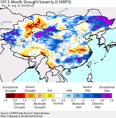 China, Mongolia and Taiwan SPI 3-Month Drought Severity (CHIRPS) Thematic Map For 5/26/2019 - 8/25/2019