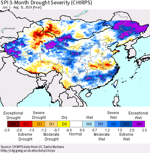 China, Mongolia and Taiwan SPI 3-Month Drought Severity (CHIRPS) Thematic Map For 6/1/2019 - 8/31/2019