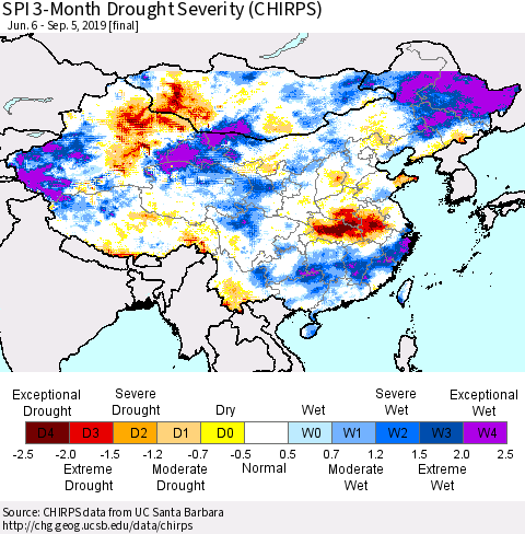 China and Taiwan SPI 3-Month Drought Severity (CHIRPS) Thematic Map For 6/6/2019 - 9/5/2019