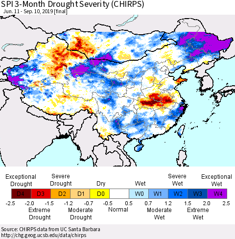 China, Mongolia and Taiwan SPI 3-Month Drought Severity (CHIRPS) Thematic Map For 6/11/2019 - 9/10/2019