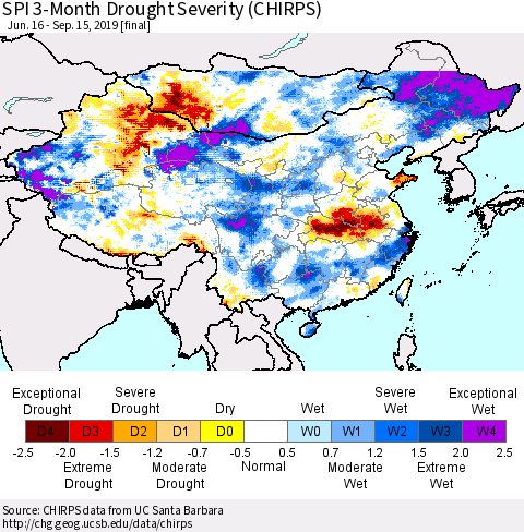 China and Taiwan SPI 3-Month Drought Severity (CHIRPS) Thematic Map For 6/16/2019 - 9/15/2019