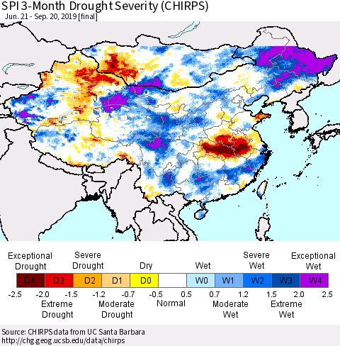 China and Taiwan SPI 3-Month Drought Severity (CHIRPS) Thematic Map For 6/21/2019 - 9/20/2019
