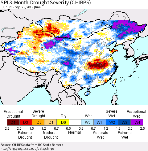 China and Taiwan SPI 3-Month Drought Severity (CHIRPS) Thematic Map For 6/26/2019 - 9/25/2019