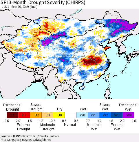 China and Taiwan SPI 3-Month Drought Severity (CHIRPS) Thematic Map For 7/1/2019 - 9/30/2019