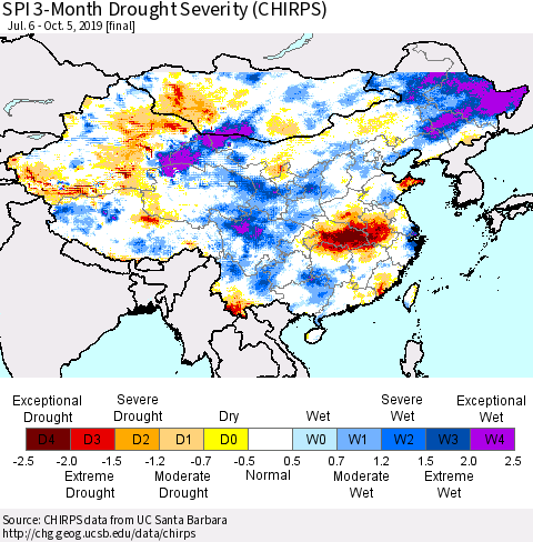 China, Mongolia and Taiwan SPI 3-Month Drought Severity (CHIRPS) Thematic Map For 7/6/2019 - 10/5/2019