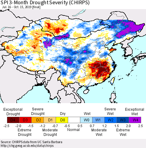 China, Mongolia and Taiwan SPI 3-Month Drought Severity (CHIRPS) Thematic Map For 7/16/2019 - 10/15/2019