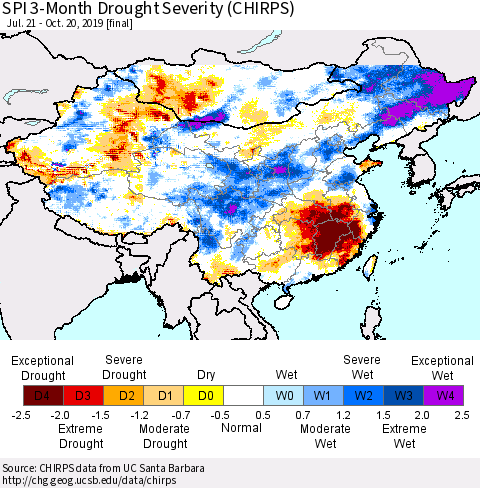 China and Taiwan SPI 3-Month Drought Severity (CHIRPS) Thematic Map For 7/21/2019 - 10/20/2019