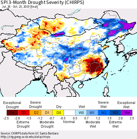 China, Mongolia and Taiwan SPI 3-Month Drought Severity (CHIRPS) Thematic Map For 7/26/2019 - 10/25/2019