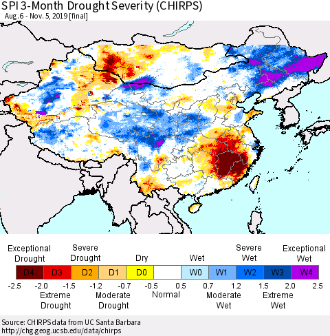 China and Taiwan SPI 3-Month Drought Severity (CHIRPS) Thematic Map For 8/6/2019 - 11/5/2019