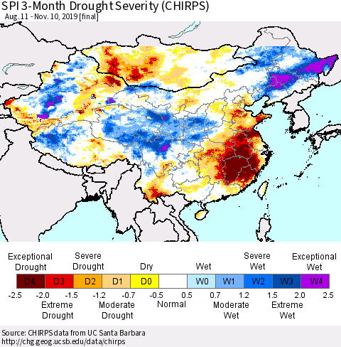 China and Taiwan SPI 3-Month Drought Severity (CHIRPS) Thematic Map For 8/11/2019 - 11/10/2019