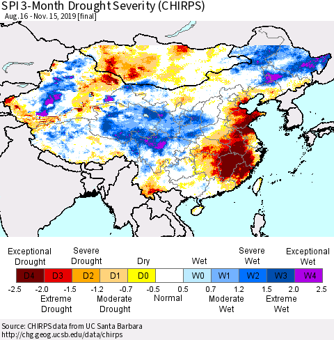 China and Taiwan SPI 3-Month Drought Severity (CHIRPS) Thematic Map For 8/16/2019 - 11/15/2019