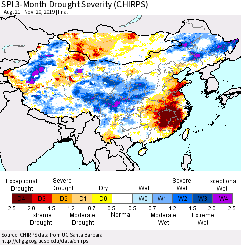 China, Mongolia and Taiwan SPI 3-Month Drought Severity (CHIRPS) Thematic Map For 8/21/2019 - 11/20/2019