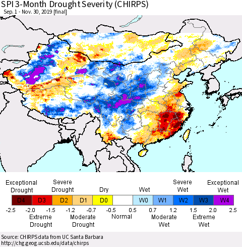 China, Mongolia and Taiwan SPI 3-Month Drought Severity (CHIRPS) Thematic Map For 9/1/2019 - 11/30/2019
