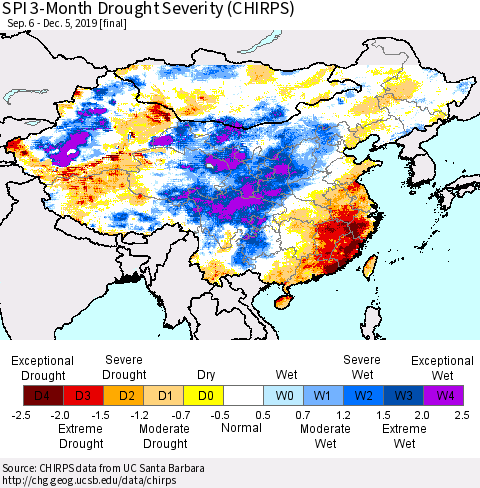 China and Taiwan SPI 3-Month Drought Severity (CHIRPS) Thematic Map For 9/6/2019 - 12/5/2019