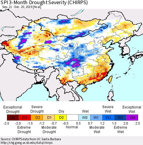 China, Mongolia and Taiwan SPI 3-Month Drought Severity (CHIRPS) Thematic Map For 9/21/2019 - 12/20/2019
