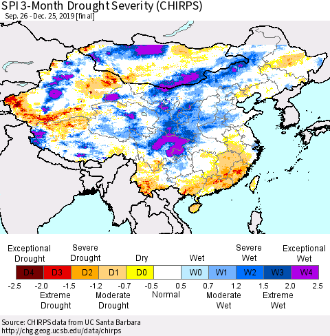 China, Mongolia and Taiwan SPI 3-Month Drought Severity (CHIRPS) Thematic Map For 9/26/2019 - 12/25/2019