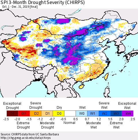 China and Taiwan SPI 3-Month Drought Severity (CHIRPS) Thematic Map For 10/1/2019 - 12/31/2019