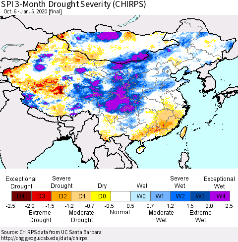 China and Taiwan SPI 3-Month Drought Severity (CHIRPS) Thematic Map For 10/6/2019 - 1/5/2020