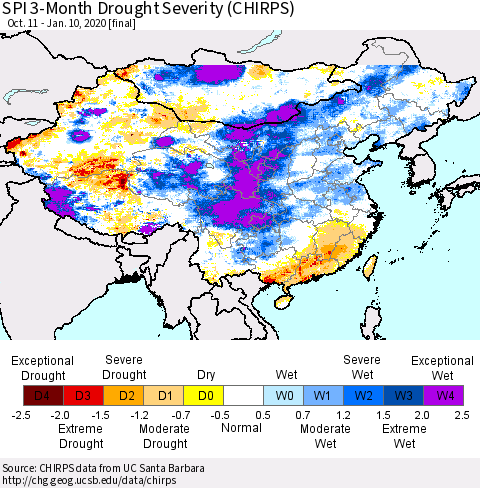China, Mongolia and Taiwan SPI 3-Month Drought Severity (CHIRPS) Thematic Map For 10/11/2019 - 1/10/2020