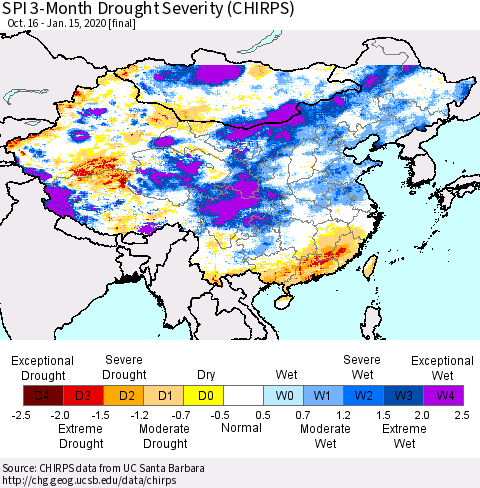 China and Taiwan SPI 3-Month Drought Severity (CHIRPS) Thematic Map For 10/16/2019 - 1/15/2020