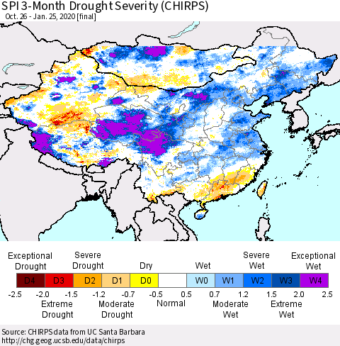 China, Mongolia and Taiwan SPI 3-Month Drought Severity (CHIRPS) Thematic Map For 10/26/2019 - 1/25/2020