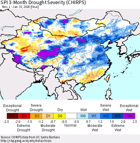 China and Taiwan SPI 3-Month Drought Severity (CHIRPS) Thematic Map For 11/1/2019 - 1/31/2020