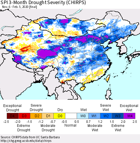 China and Taiwan SPI 3-Month Drought Severity (CHIRPS) Thematic Map For 11/6/2019 - 2/5/2020